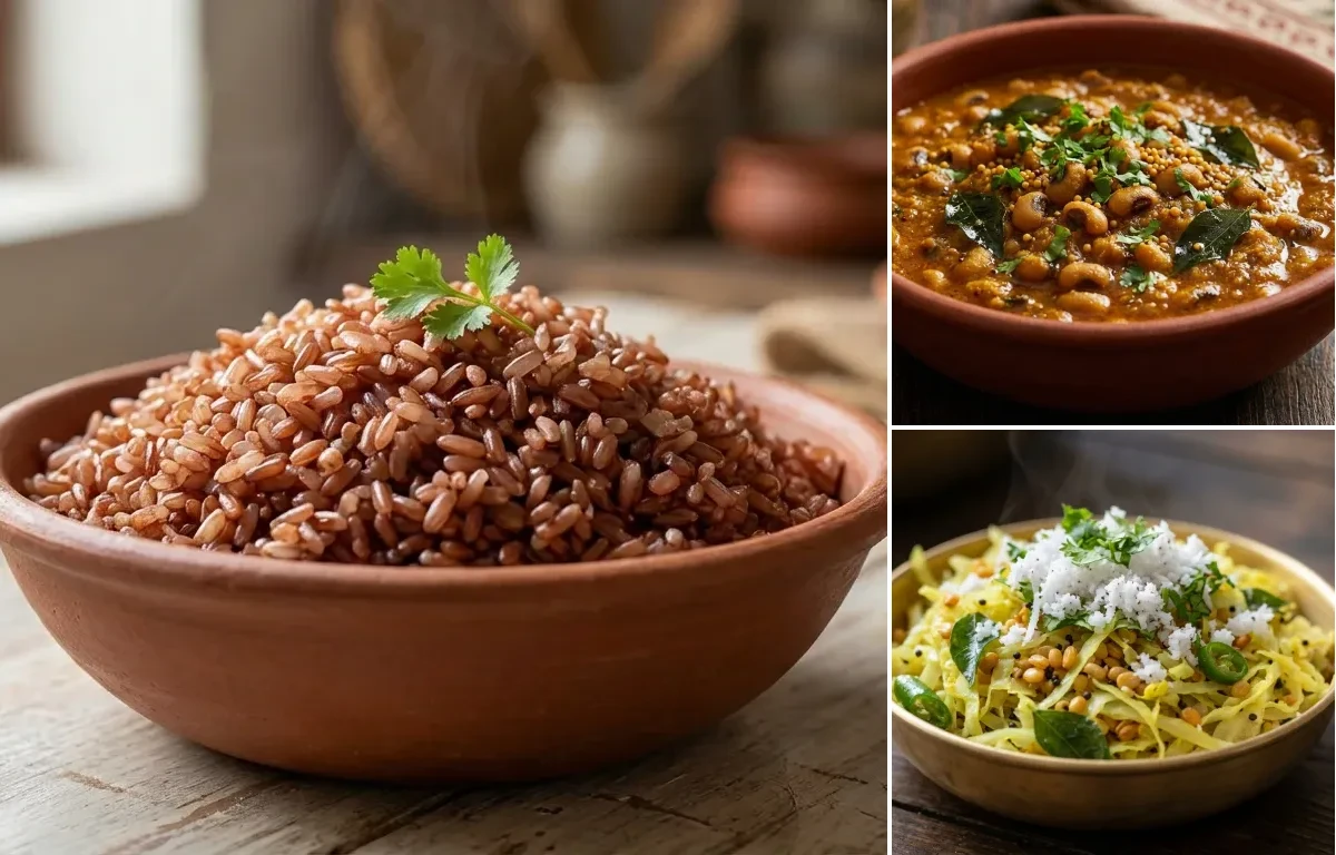 Goan Red Rice with Alsande Tondak and Cabbage Foogath