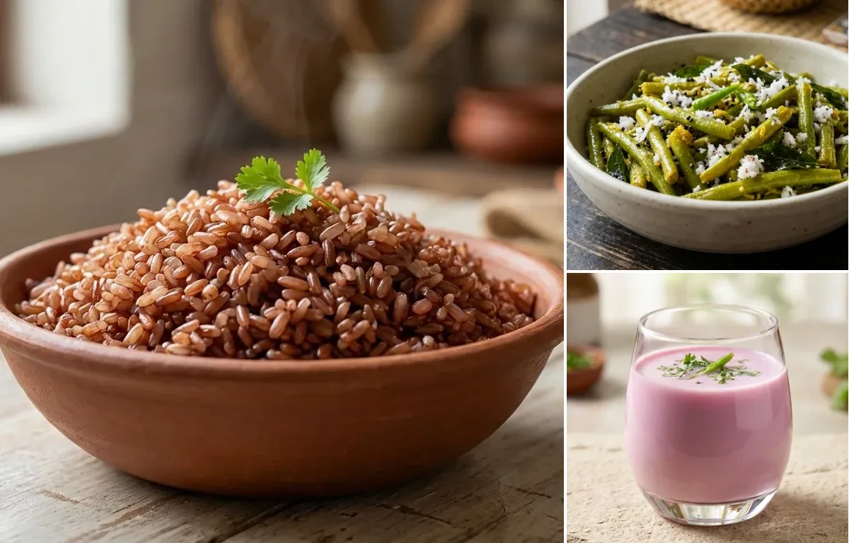 Goan Red Rice with Beans Foogath and Konkani Solkadi