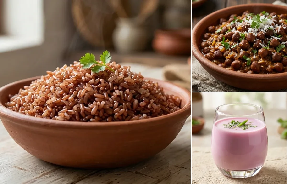 Goan Red Rice with Chanyachi Usal and Konkani Solkadi