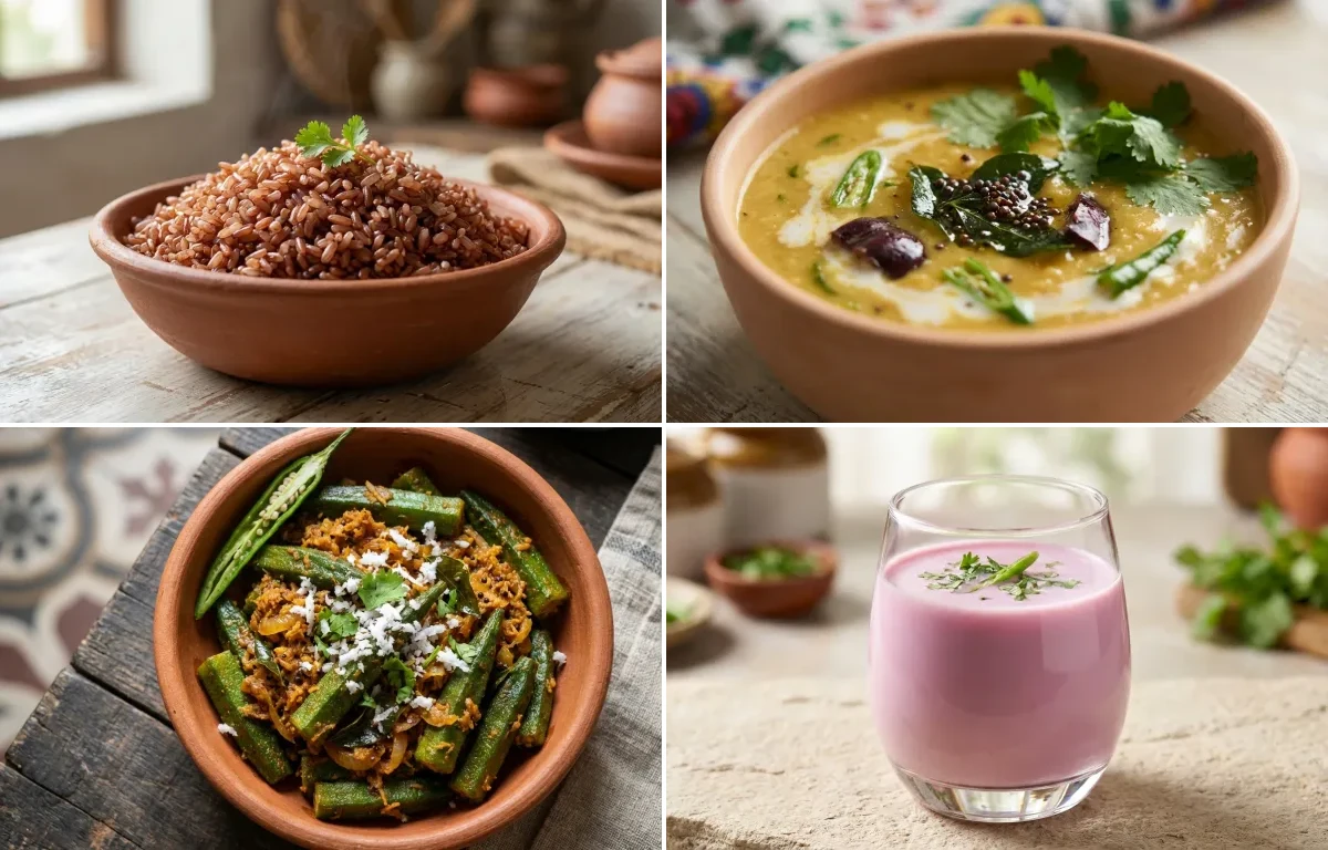 Goan Red Rice with Goan Dal, Bhendi Sukhem and Konkani Solkadi