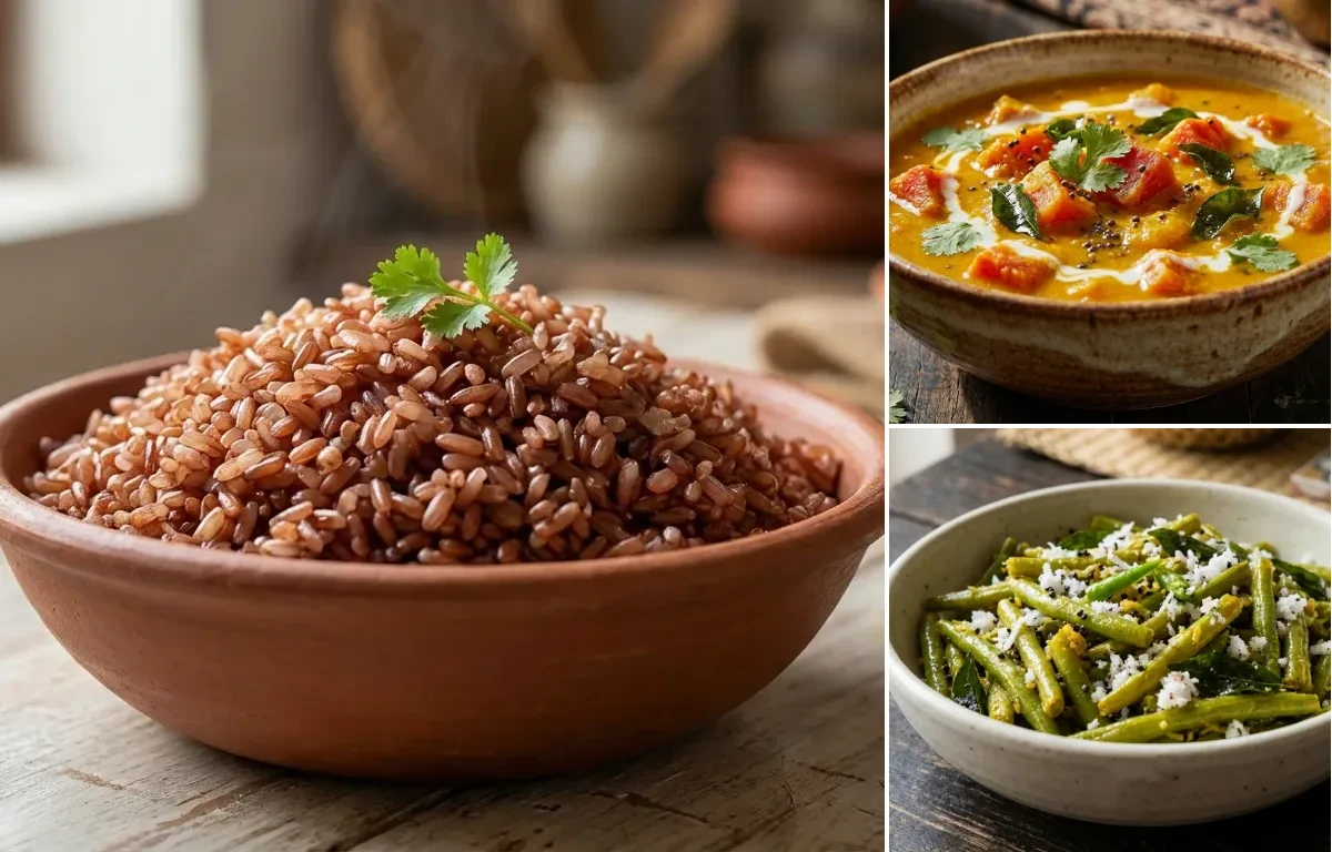 Goan Red Rice with Goan Pumpkin Curry and Beans Foogath