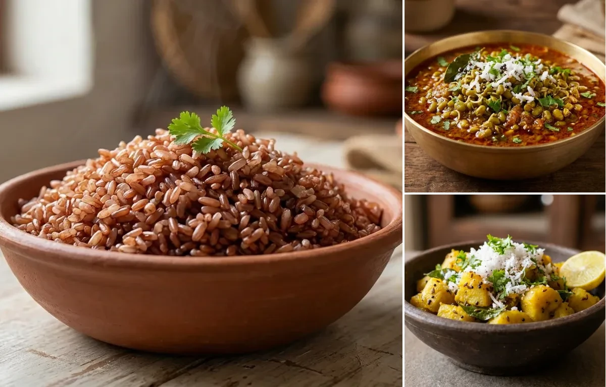 Goan Red Rice with Moongachi Gathi and Kelyachi Bhaji
