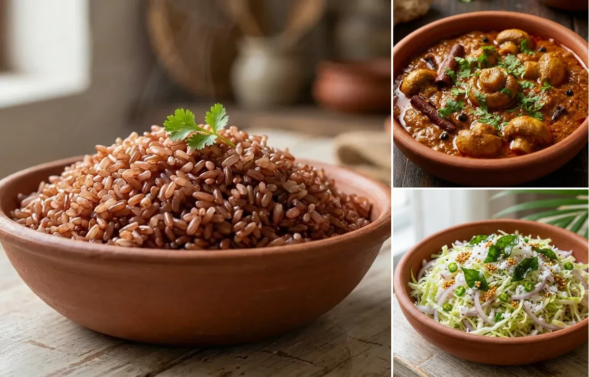 Goan Red Rice with Mushroom Ambot Tik and Goan Cabbage Kismoor