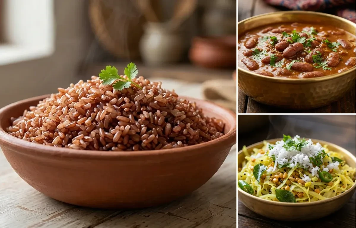 Goan Red Rice with Rajma Masala and Cabbage Foogath