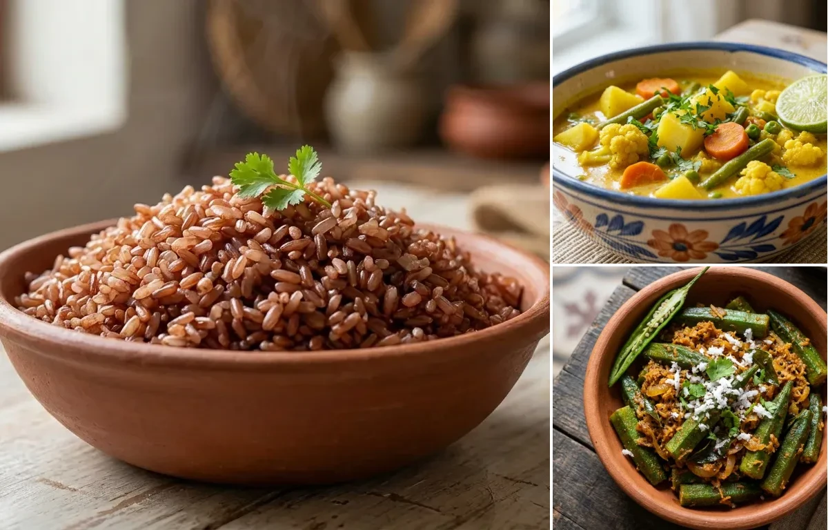 Goan Red Rice with Vegetable Caldin and Bhendi Sukhem