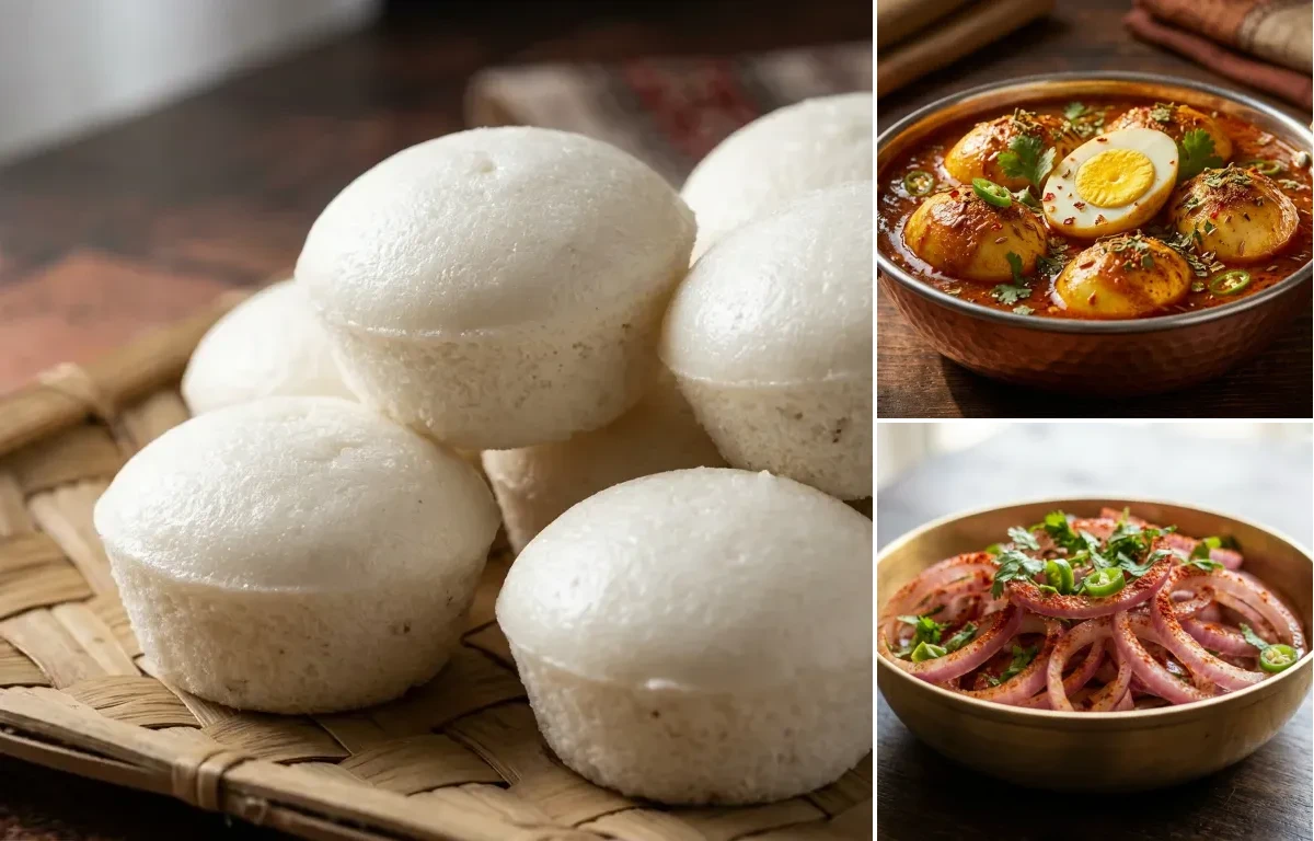 Goan Sannas with Egg Curry and Onion Salad