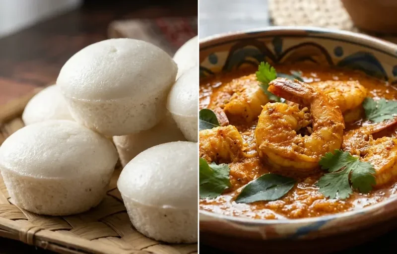 Goan Sannas with Mangalorean Prawn Curry