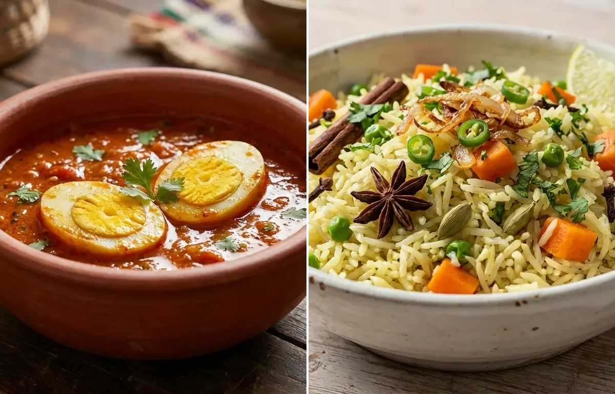 Goan Tomato Egg Curry with Goan Pulao