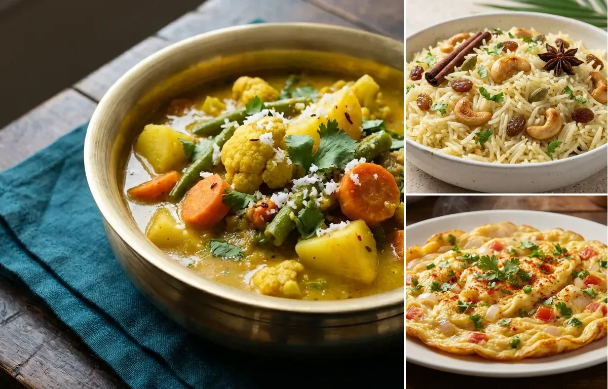 Goan Vegetable Curry with Goan Coconut Rice and Masala Omelette