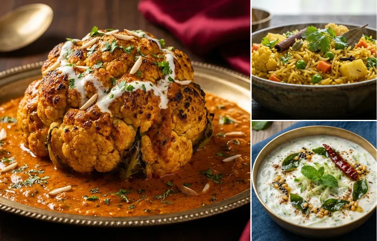 Gobi Musallam with Vegetable Pulao and Raita