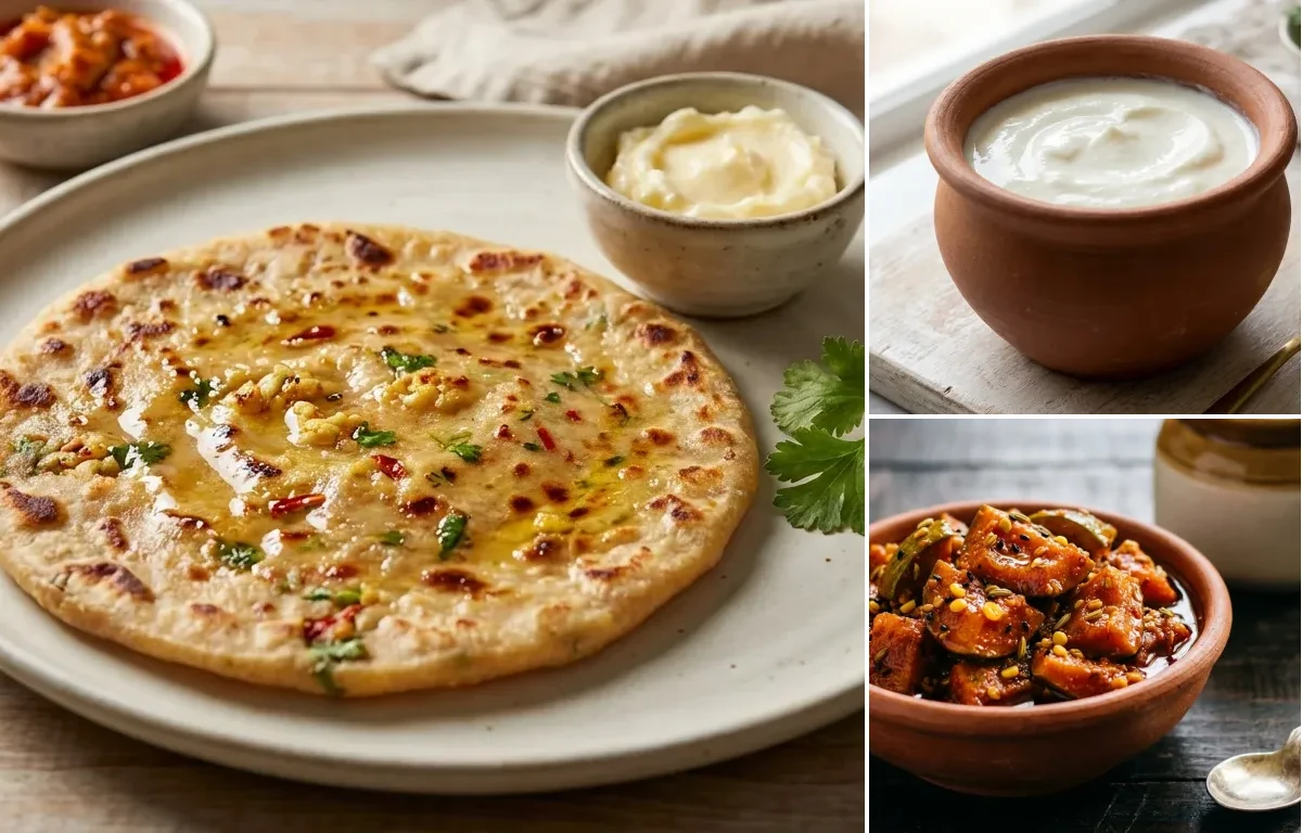Gobi Paratha with Curd and Mango Pickle
