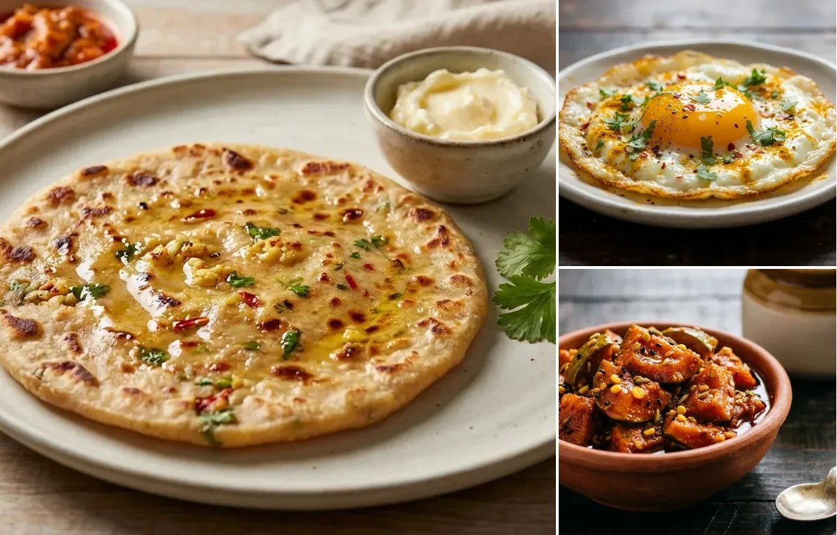 Gobi Paratha with Fried Egg and Mango Pickle