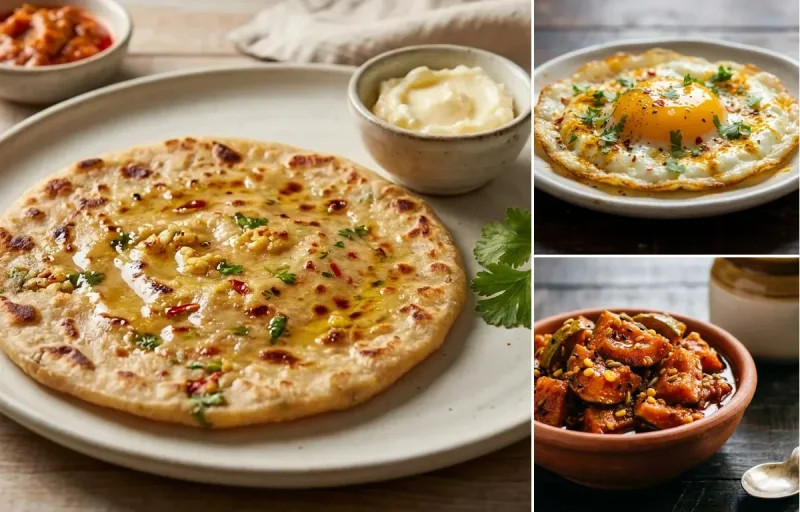 Gobi Paratha with Fried Egg and Mango Pickle
