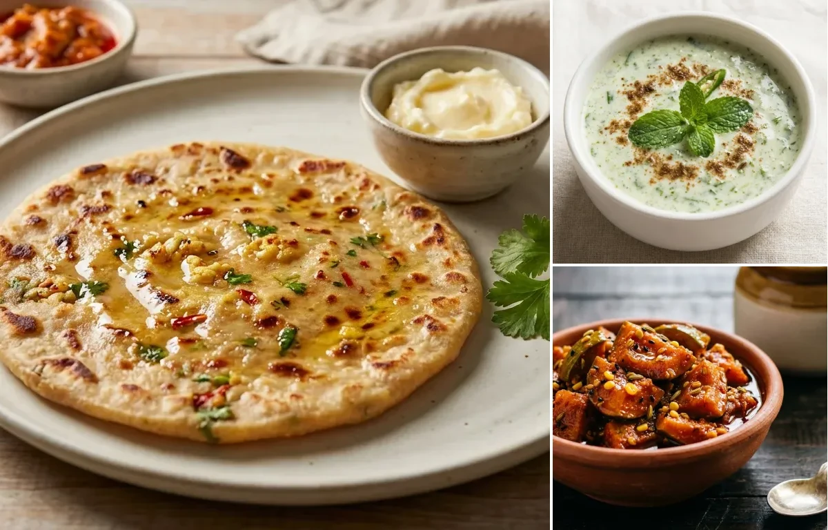 Gobi Paratha with Mint Raita and Mango Pickle