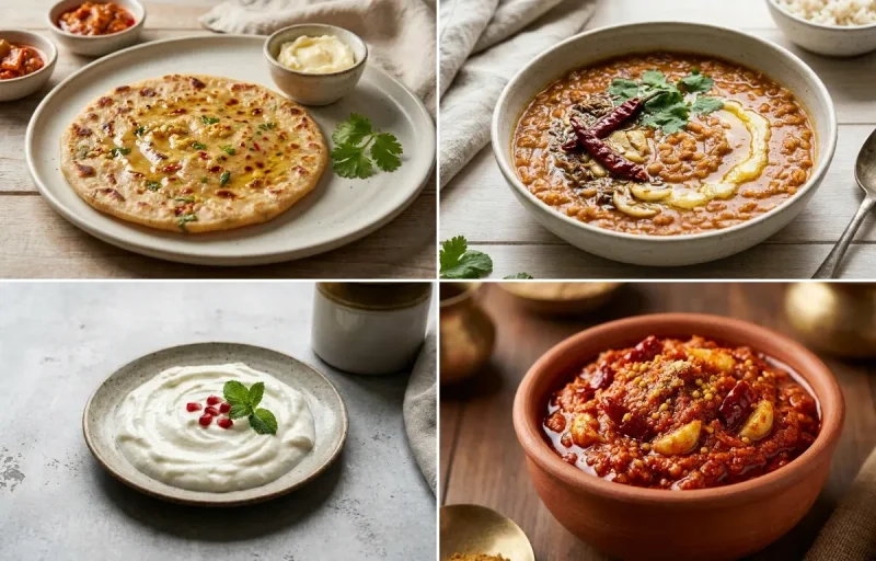 Gobi Paratha with Masoor Dal, Plain Curd and Garlic Chutney