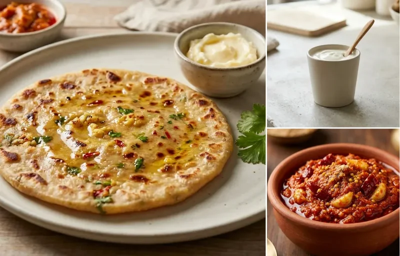 Gobi Paratha with No-Salt Moong Dal, Plain Yogurt Cup and Garlic Chutney