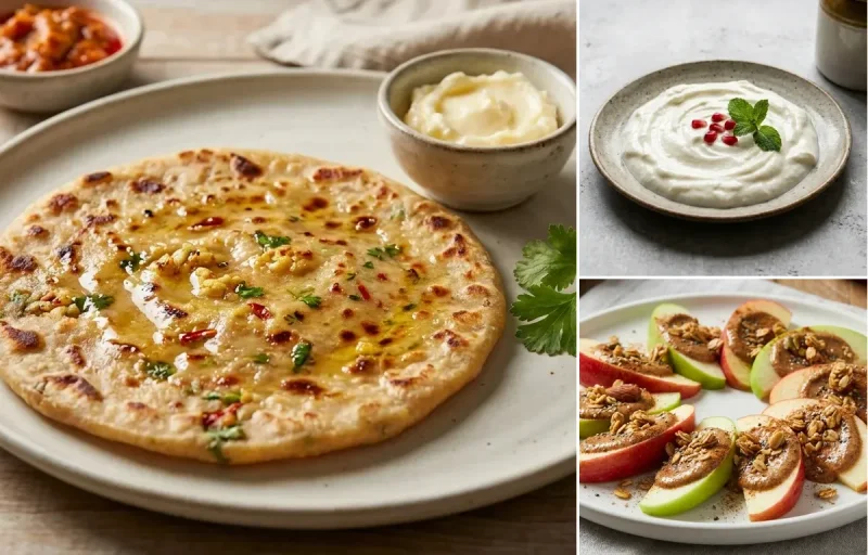 Gobi Paratha with Plain Curd and Apple Slices With Almond Butter