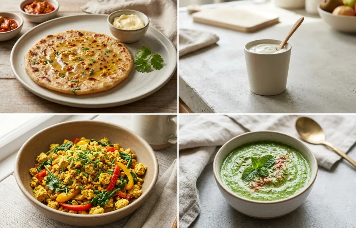 Gobi Paratha with Plain Yogurt Cup, Tofu Scramble and Mint Yogurt Chutney