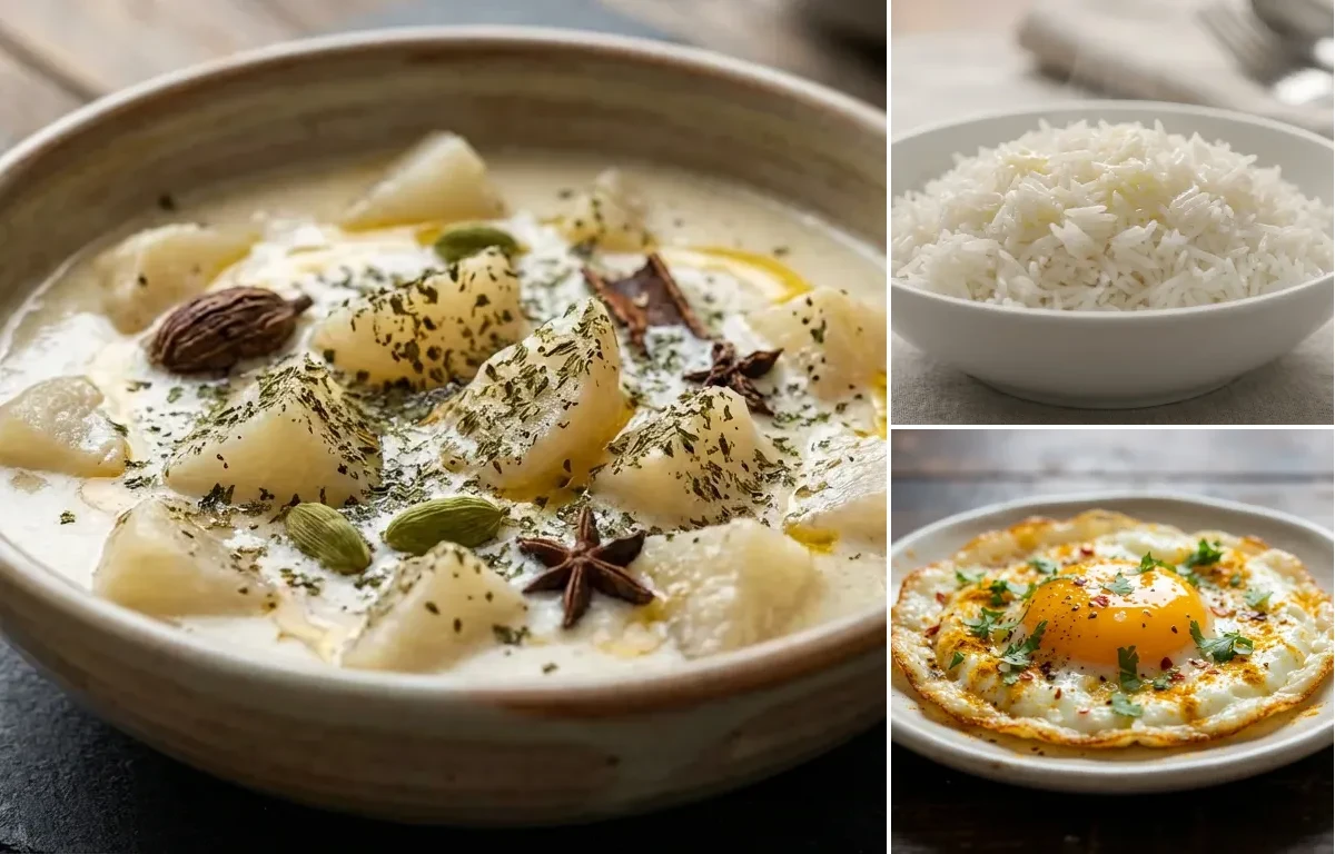 Gogji Yakhni with Steamed Basmati Rice and Fried Egg