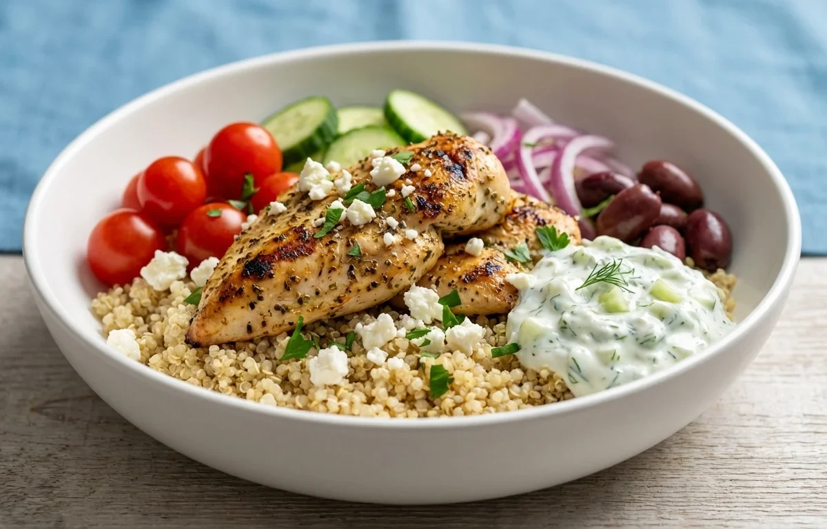 Greek Chicken Bowl with Mediterranean Pasta Salad and Avocado Half