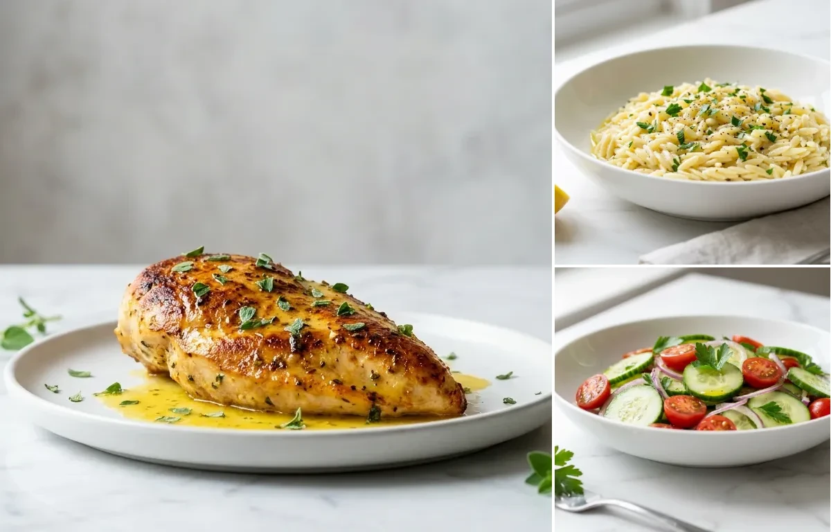 Greek Lemon Herb Chicken, Simple Lemon Orzo and Cucumber and Tomato Salad
