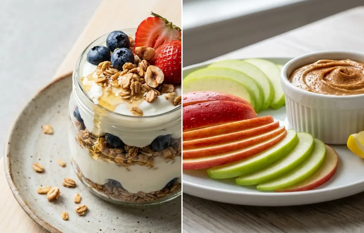Greek Yogurt Cup with Apple Slices With Peanut Butter and Roasted Chana Snack