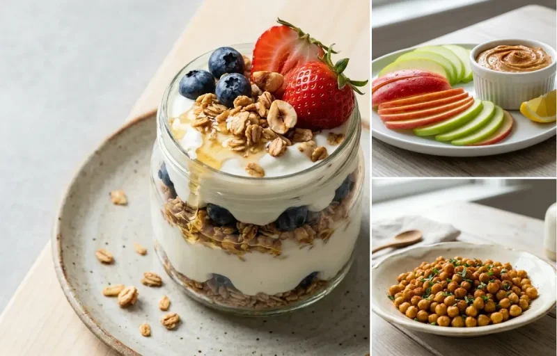 Greek Yogurt Cup with Apple Slices With Peanut Butter and Roasted Spiced Chickpeas