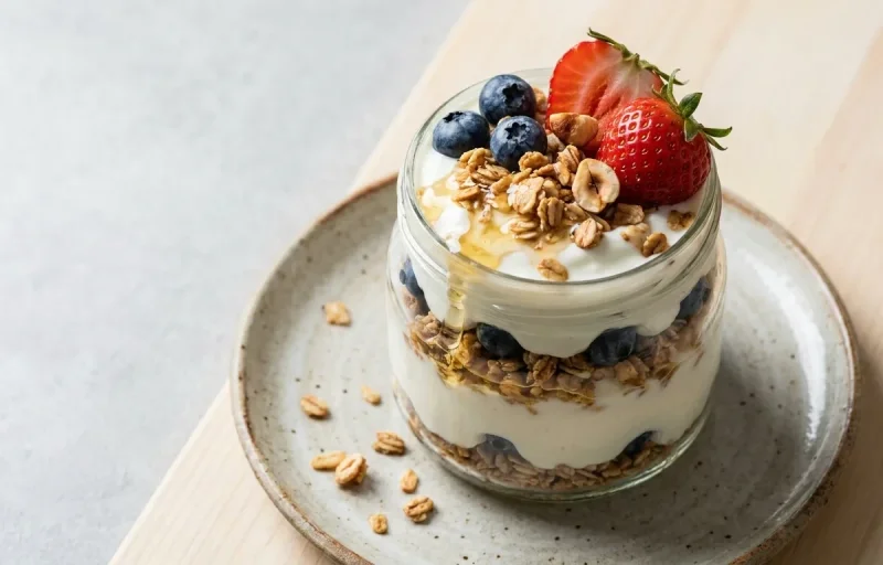 Greek Yogurt Cup with Mixed Berry Bowl With Walnuts and Roasted Chana Snack