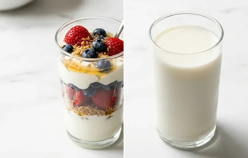 Greek Yogurt Parfait with Mixed Berries and Flaxseeds with Glass of Milk