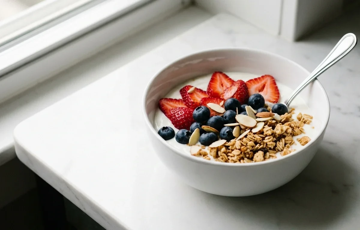 Greek Yogurt with Berries Almonds and Granola Gluten Free