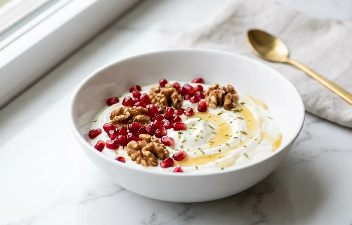 Greek Yogurt with Pomegranate Seeds and Walnuts