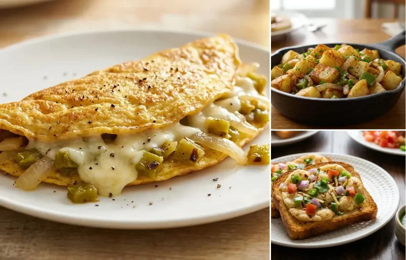 Green Chile and Cheese Omelet with Home Fries and Suji Toast