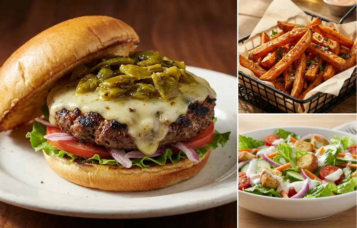 Green Chile Cheeseburger with Sweet Potato Fries and Side Salad