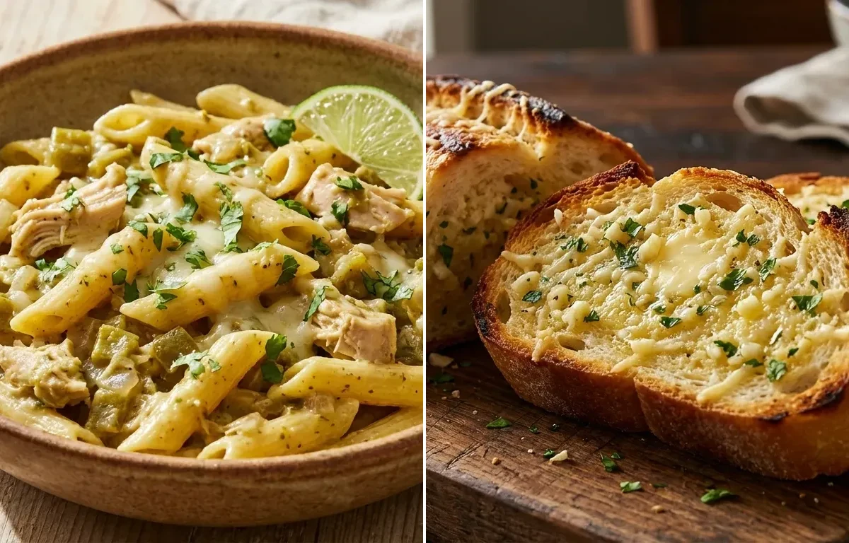 Green Chile Chicken Pasta with Garlic Bread