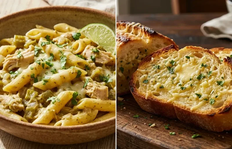 Green Chile Chicken Pasta with Garlic Bread