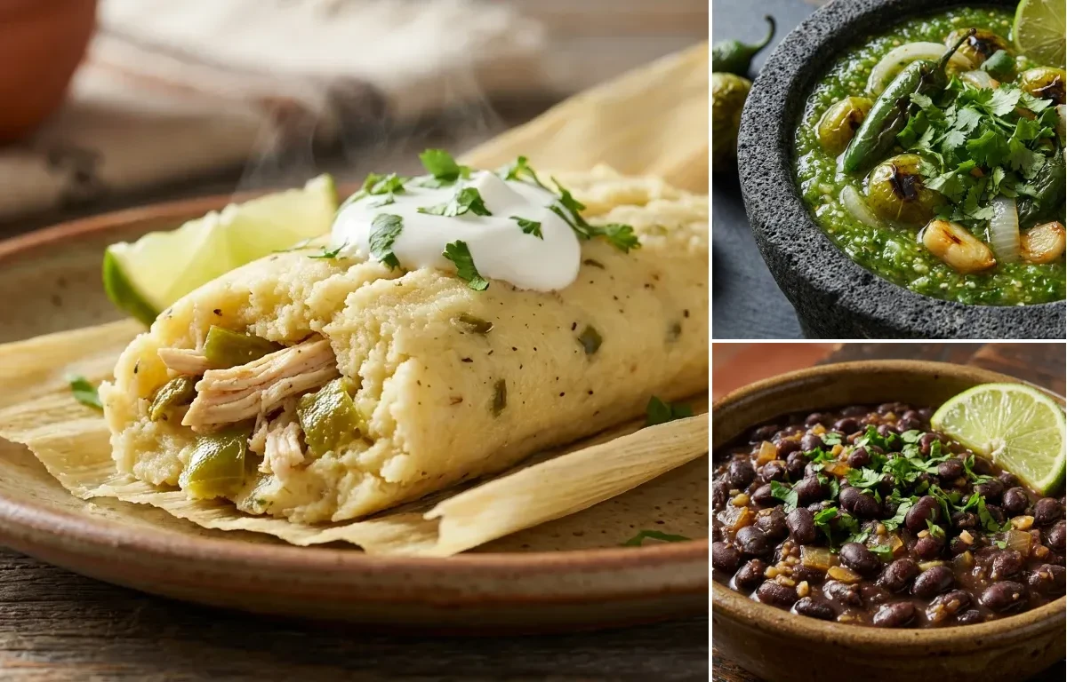 Green Chile Chicken Tamales with Roasted Salsa Verde and Savory Black Beans