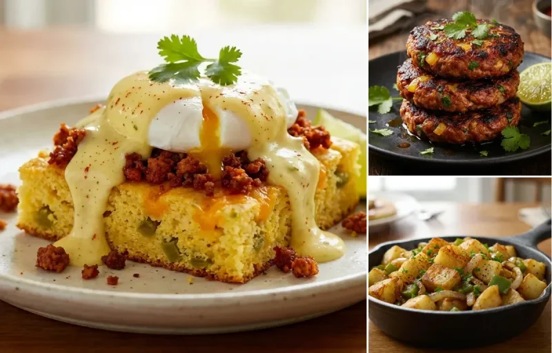 Green Chile Cornbread Benedict with Chorizo Patties and Home Fries