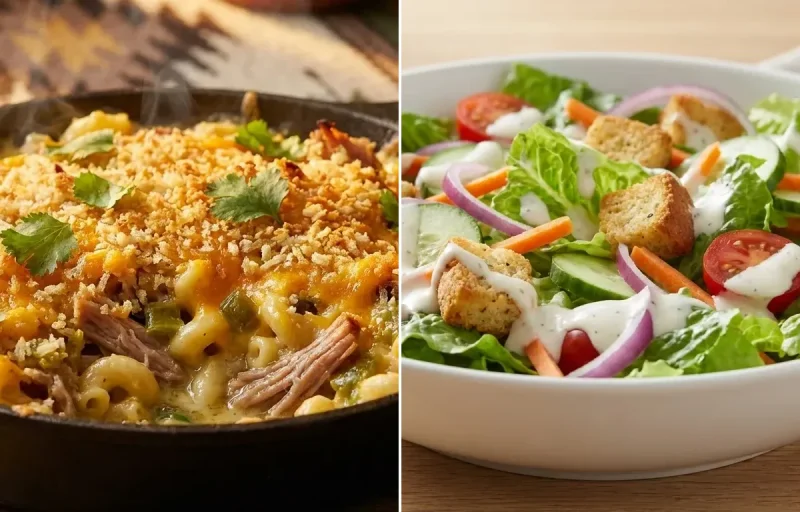 Green Chile Mac and Cheese with Pulled Pork with Side Salad