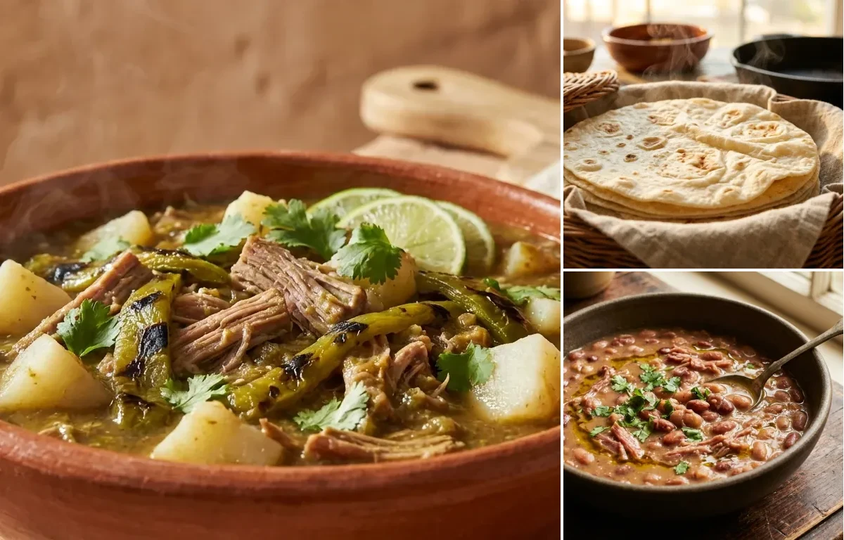 Green Chile Stew with Flour Tortillas and Pinto Beans