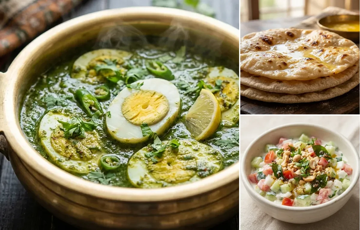 Green Masala Egg Curry with Chapati and Koshimbir