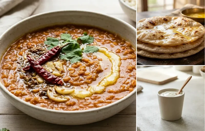 Green Moong Curry with Masoor Dal, Chapati and Plain Yogurt Cup