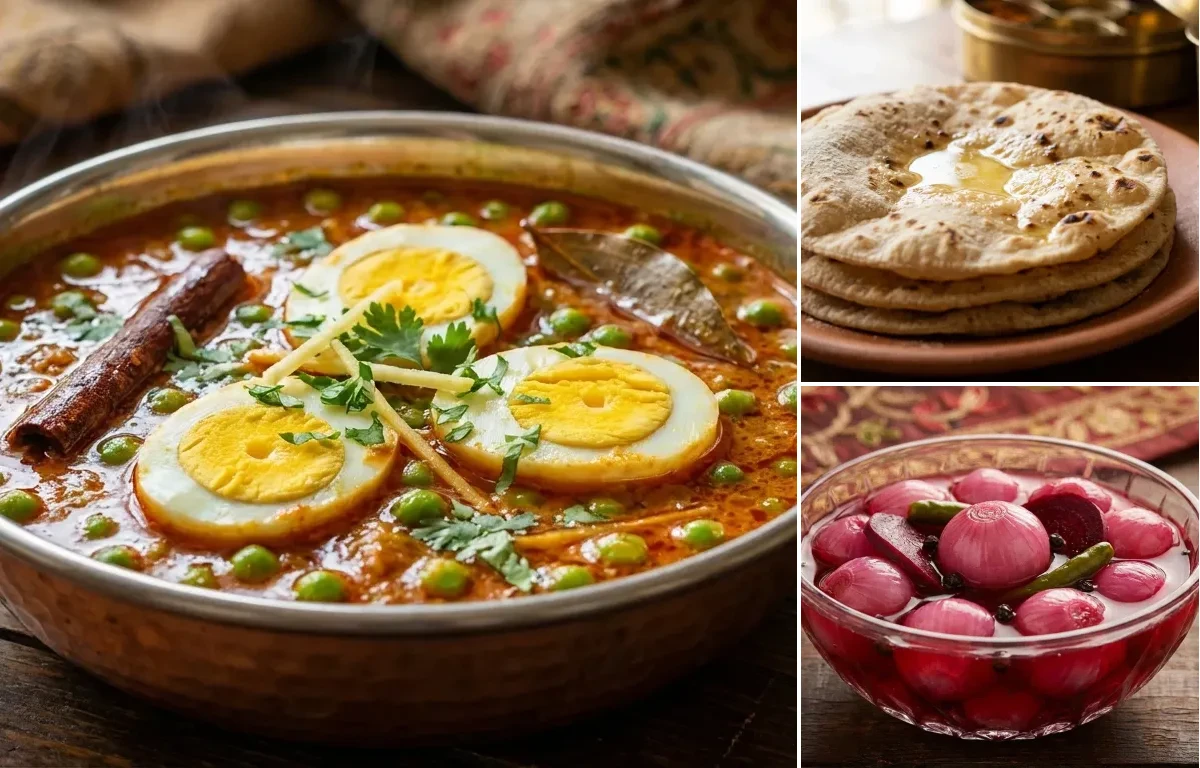 Green Peas and Egg Curry with Roti and Sirka Pyaz