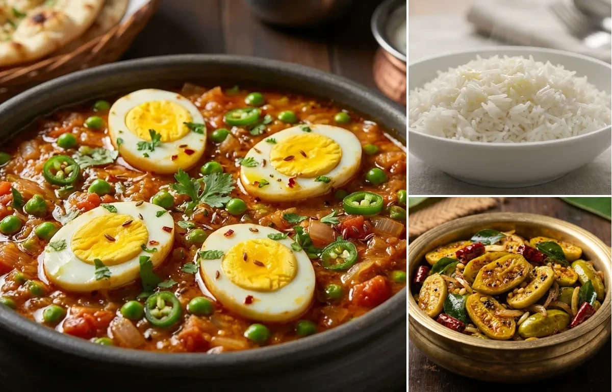 Green Peas Egg Curry with Steamed Basmati Rice and Kovakka Fry