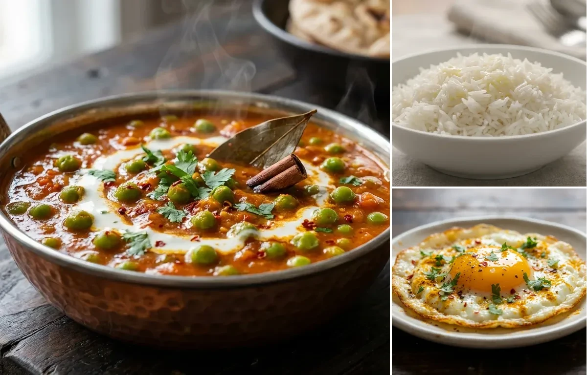 Green Peas Masala with Steamed Basmati Rice and Fried Egg