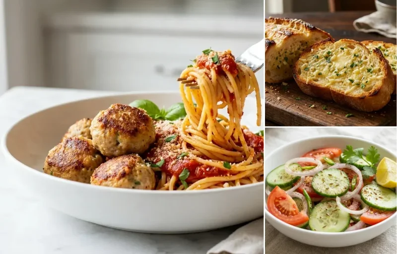 Green Salad with Spaghetti with Marinara and Turkey Meatballs
