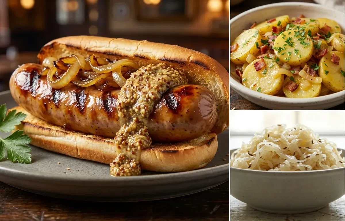 Grilled Bratwurst with German Potato Salad and Sauerkraut