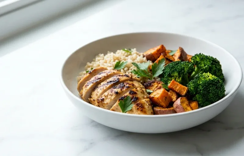 Grilled Chicken Bowl with Steamed White Rice Vegetables and White Beans Dairy Free
