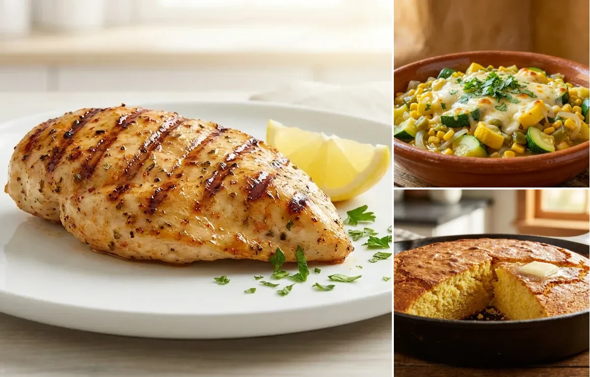 Grilled Chicken Breast with Calabacitas and Cornbread
