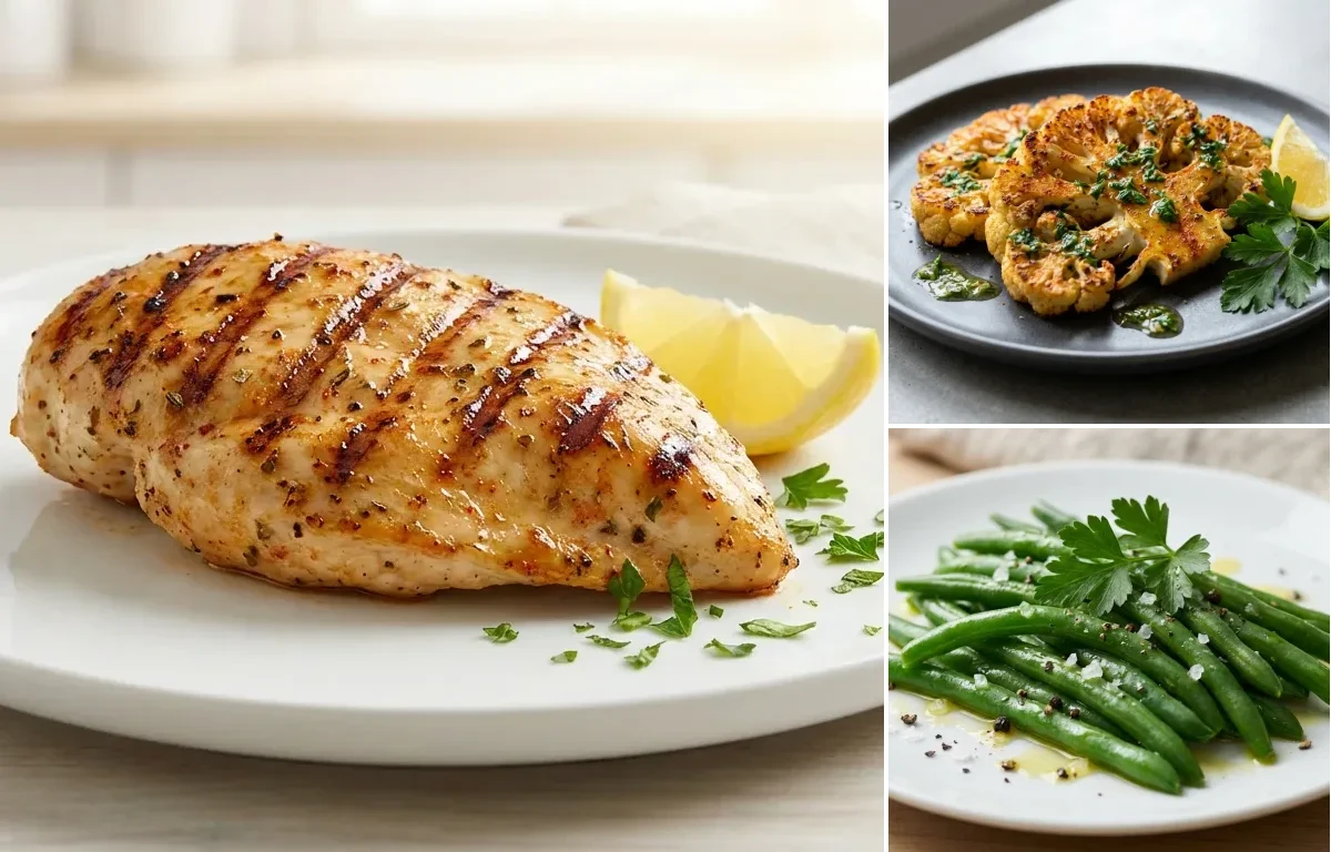 Grilled Chicken Breast with Cauliflower Steaks and Steamed Green Beans