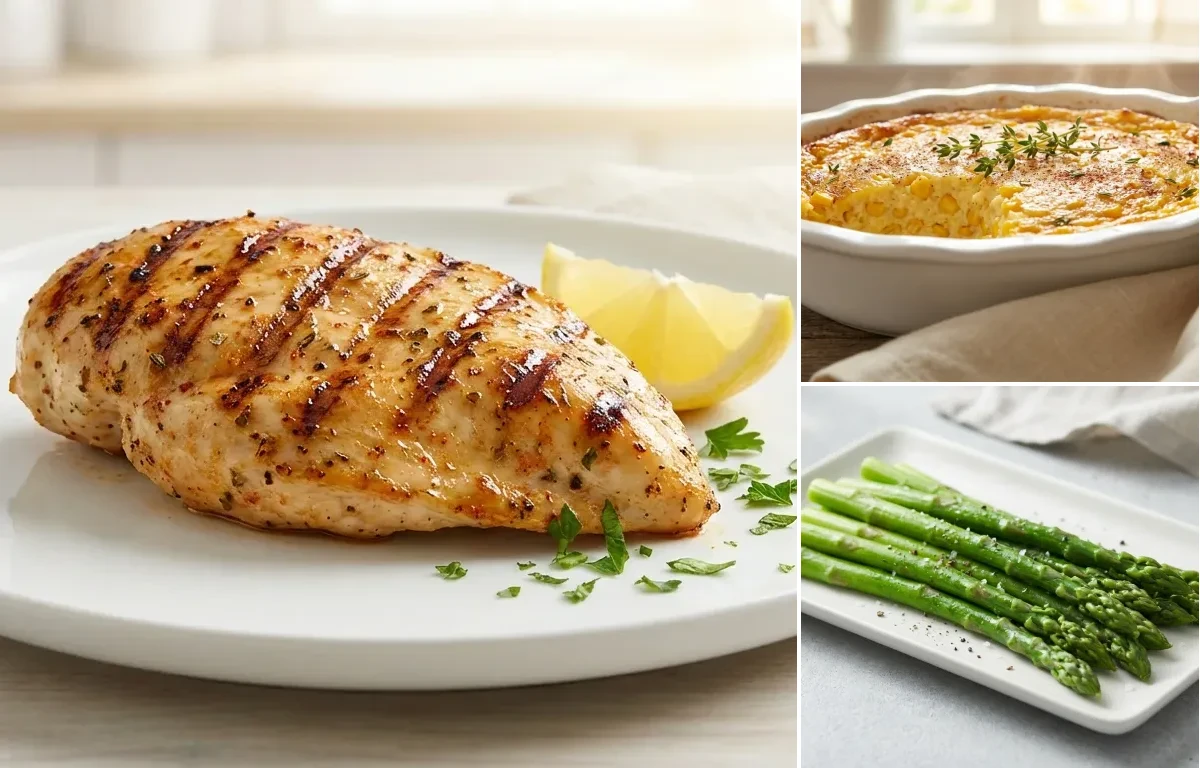 Grilled Chicken Breast with Corn Pudding and Steamed Asparagus